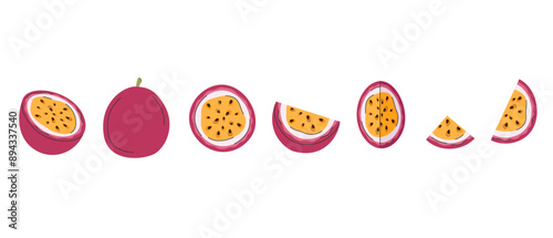 Set of passion fruits. Maracuja whole, half, slices, quarter. Ripe healthy fruits