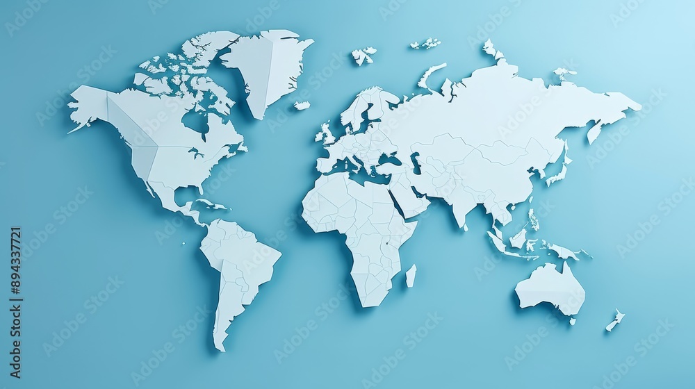Flat world map with continents on calming blue background, suitable for educational purposes Flat world map with continents on calming blue background, suitable for educational purposes