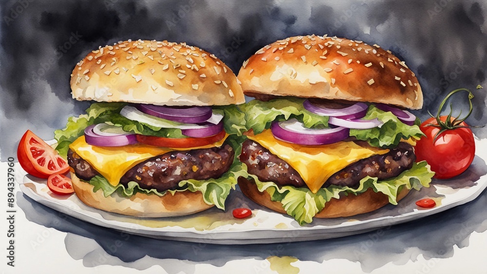 A watercolor classic hamburger, featuring a juicy beef patty, fresh lettuce, tomato slices pickles and melted cheese