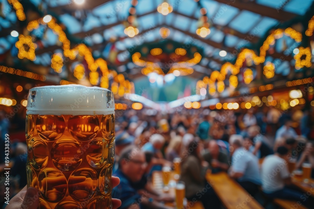 Fototapeta premium Beer glass in focus at crowded Oktoberfest tent, celebration moo