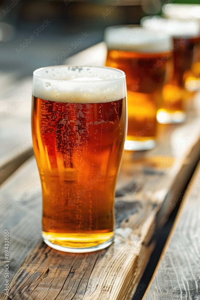 Golden beer glasses lined up on wooden surface, frothy drink Golden beer glasses lined up on wooden surface, frothy drink