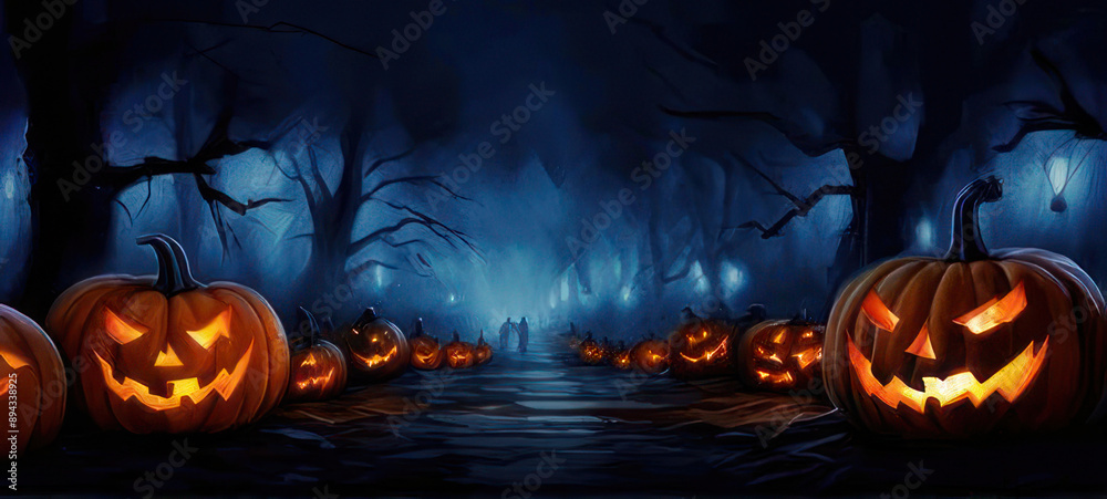 Halloween Party Card - Pumpkins In Graveyard At Night. Spooky forest with dead trees and pumpkins.Halloween design with pumpkins Halloween Party Card - Pumpkins In Graveyard At Night. Spooky forest with dead trees and pumpkins.Halloween design with pumpkins