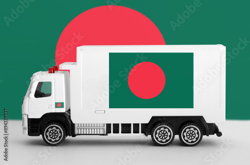 Bangladesh flag depicted on side wall of white delivery van close up. Shipping and local delivery concept photo