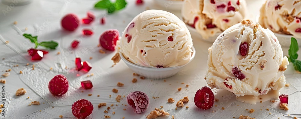 Delicious caramel ice cream scoops on a white plate with colorful candy decorations and crumbs on a light background. Delicious caramel ice cream scoops on a white plate with colorful candy decorations and crumbs on a light background.