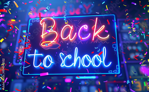 A neon frame with glowing confetti and big text 