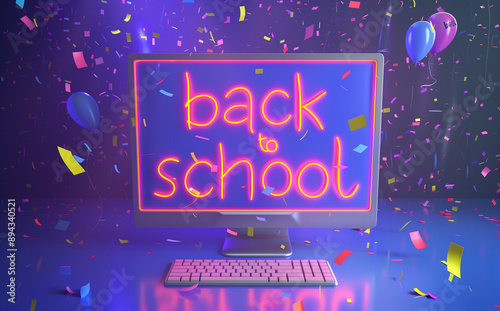 3D rendering of a neon glowing computer with large text 