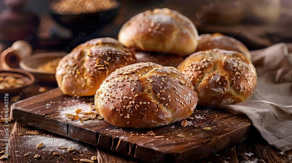 Fresh, golden brown bread rolls sprinkled with sesame seeds, resting on a wooden board. Perfect for baking and culinary themes. Fresh, golden brown bread rolls sprinkled with sesame seeds, resting on a wooden board. Perfect for baking and culinary themes.