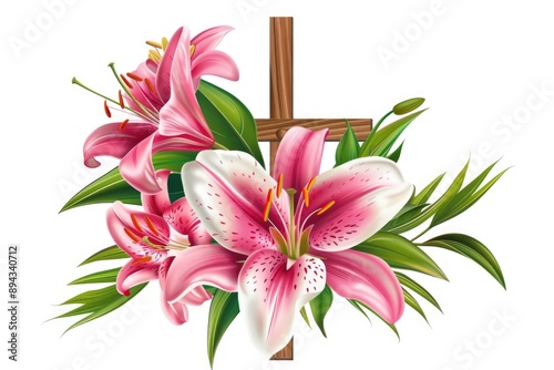 Easter card with cross and lilies on white background.