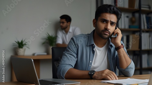 Upset and worried young indian man talking on video call on laptop. Sits in the office at the table and conducts a conference with partners and clients, solves questions and problems. generative.ai