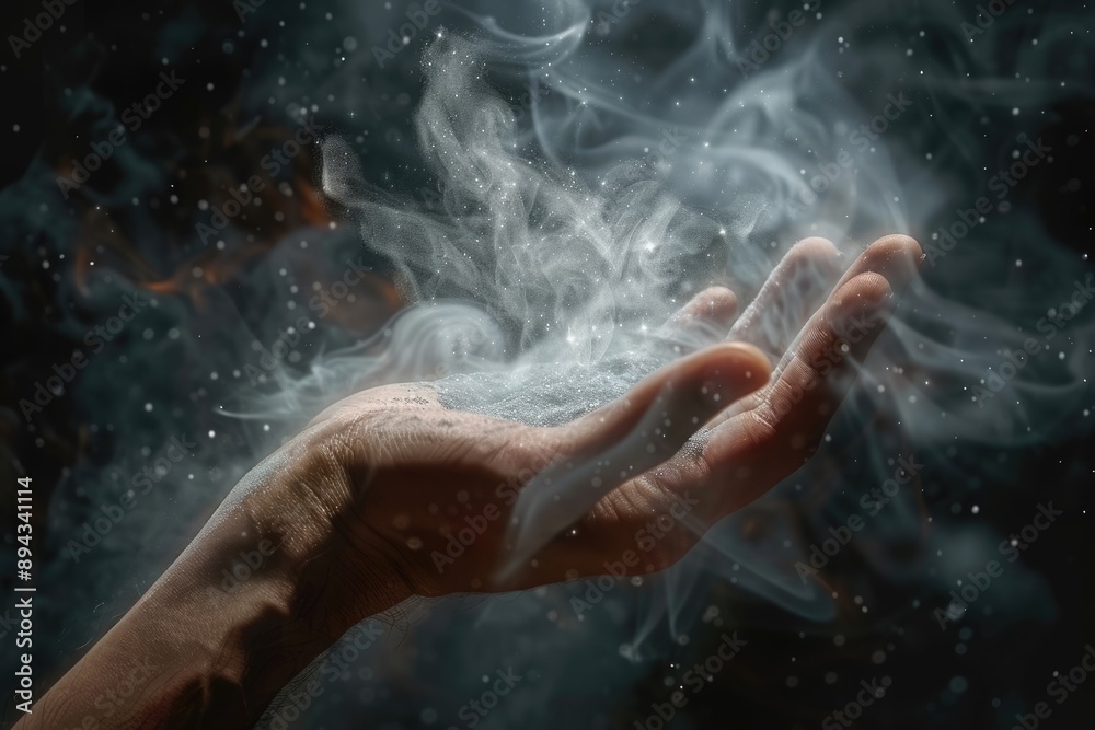 Praying hands with faith and belief in God. Hope and devotion. Magic powder. Praying hands with faith and belief in God. Hope and devotion. Magic powder.