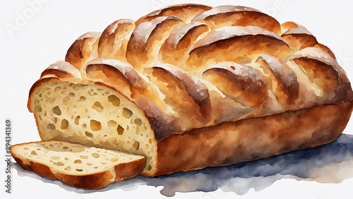 A watercolor whole loaf of artisan bread with a rustic crusty exterior