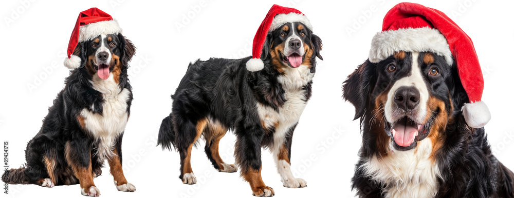 Obraz premium Bernese Mountain Dog in Santa Hat on Transparent Background - Festive Christmas Pet Collection