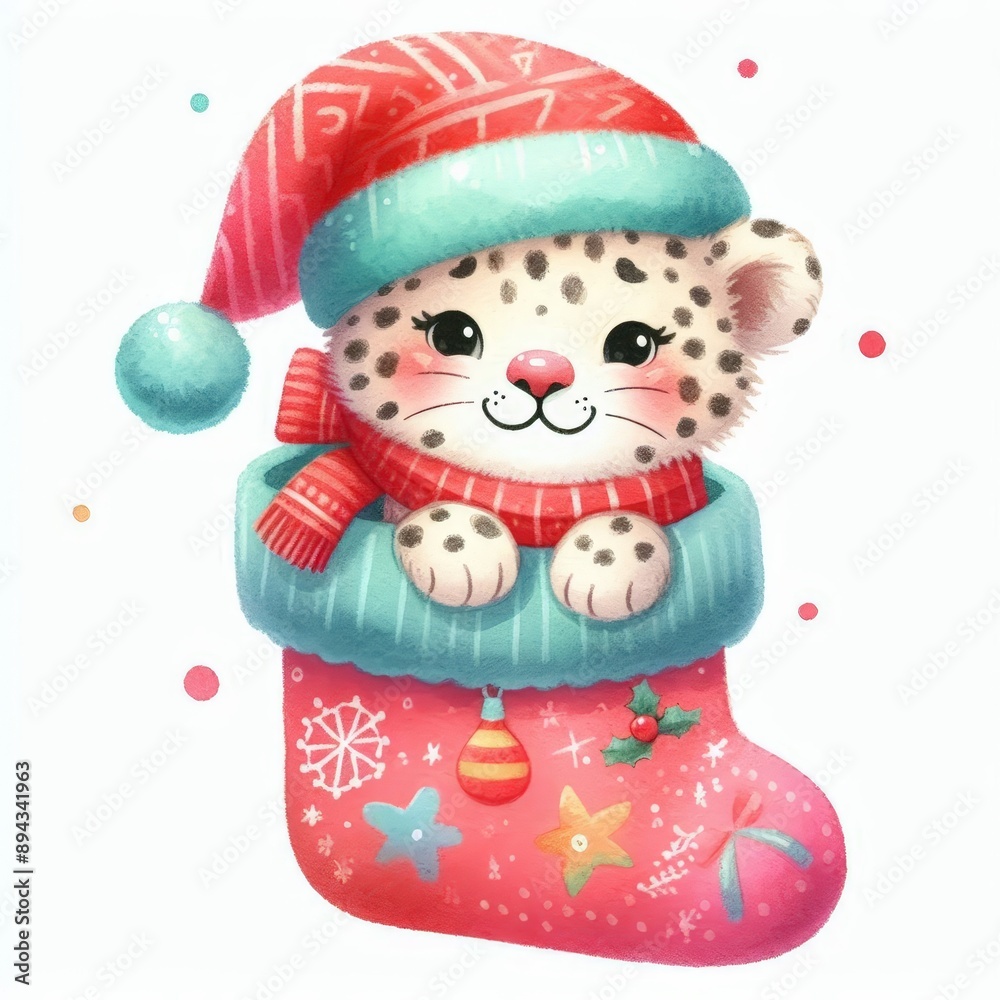 Fototapeta premium Cute leopard wearing a Santa hat peeking out of a Christmas stocking.