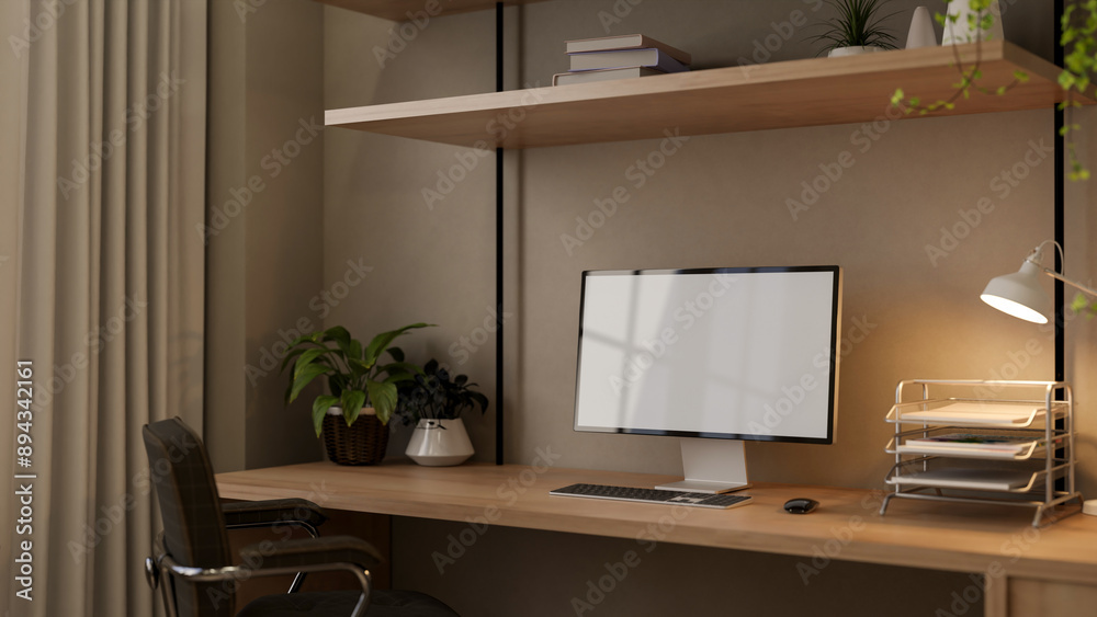 A computer desk in a contemporary and comfortable home office workspace, a computer mockup. A computer desk in a contemporary and comfortable home office workspace, a computer mockup.
