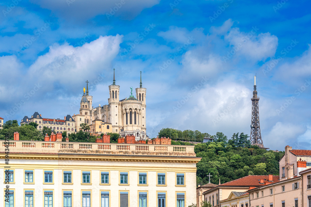 Fototapeta premium View of the Basilica Of Our Lady of Fourviere, one of the most famous landmarks in Lyon City, France