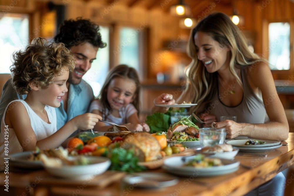 Happy Family Dining on Locally Sourced Meal in Sustainable Home, Embracing Local Agriculture and Eco-Friendly Practices Happy Family Dining on Locally Sourced Meal in Sustainable Home, Embracing Local Agriculture and Eco-Friendly Practices