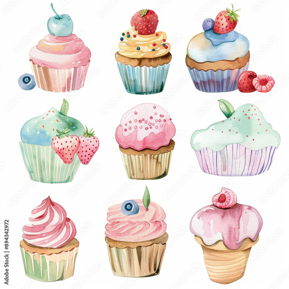Watercolor Cupcakes with Fruit Toppings in Delightful Pastel Colors Watercolor Cupcakes with Fruit Toppings in Delightful Pastel Colors
