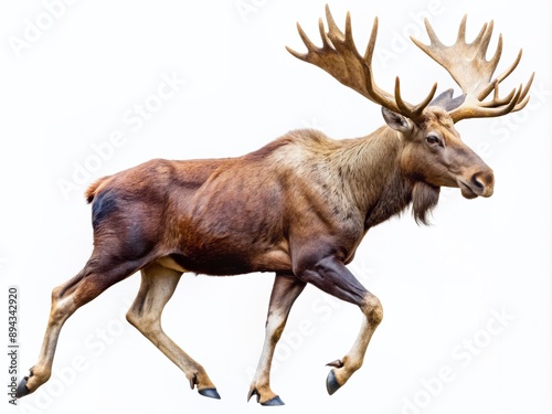 A majestic moose in mid-stride, antlers tall, eyes focused ahead, powerful legs propelling it forward, isolated on a transparent background, showcasing its natural beauty. photo