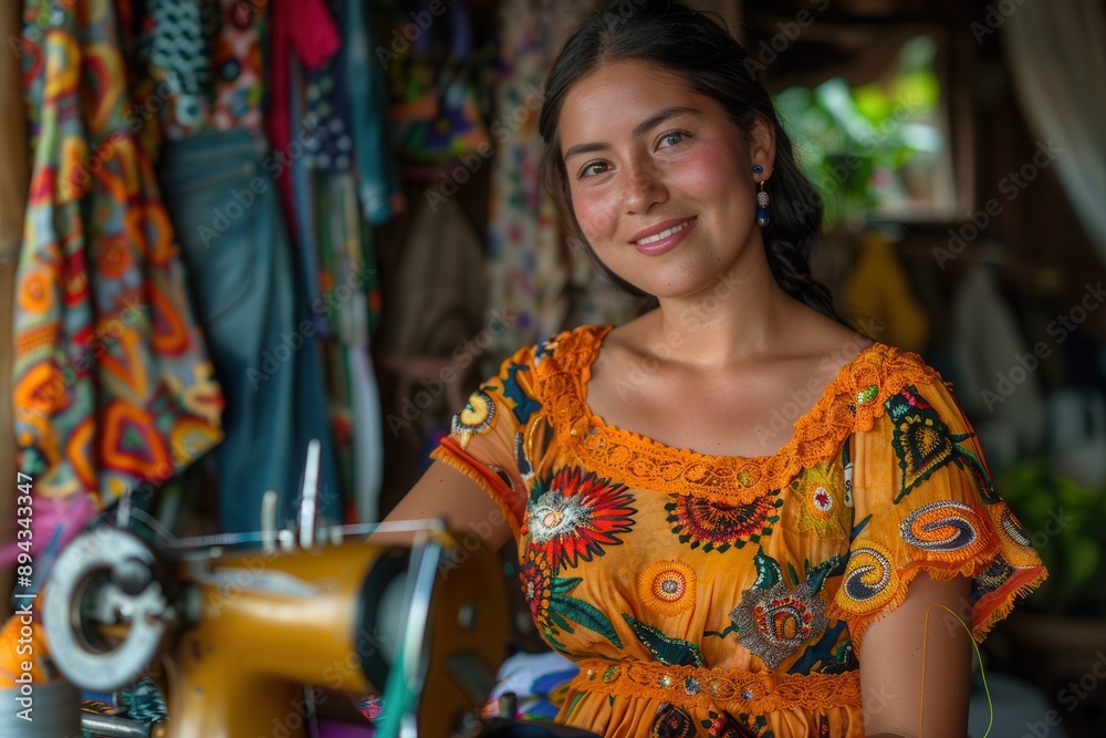 Obraz premium Eco-Conscious Woman Sewing and Mending Clothes to Reduce Textile Waste in Sustainable Home