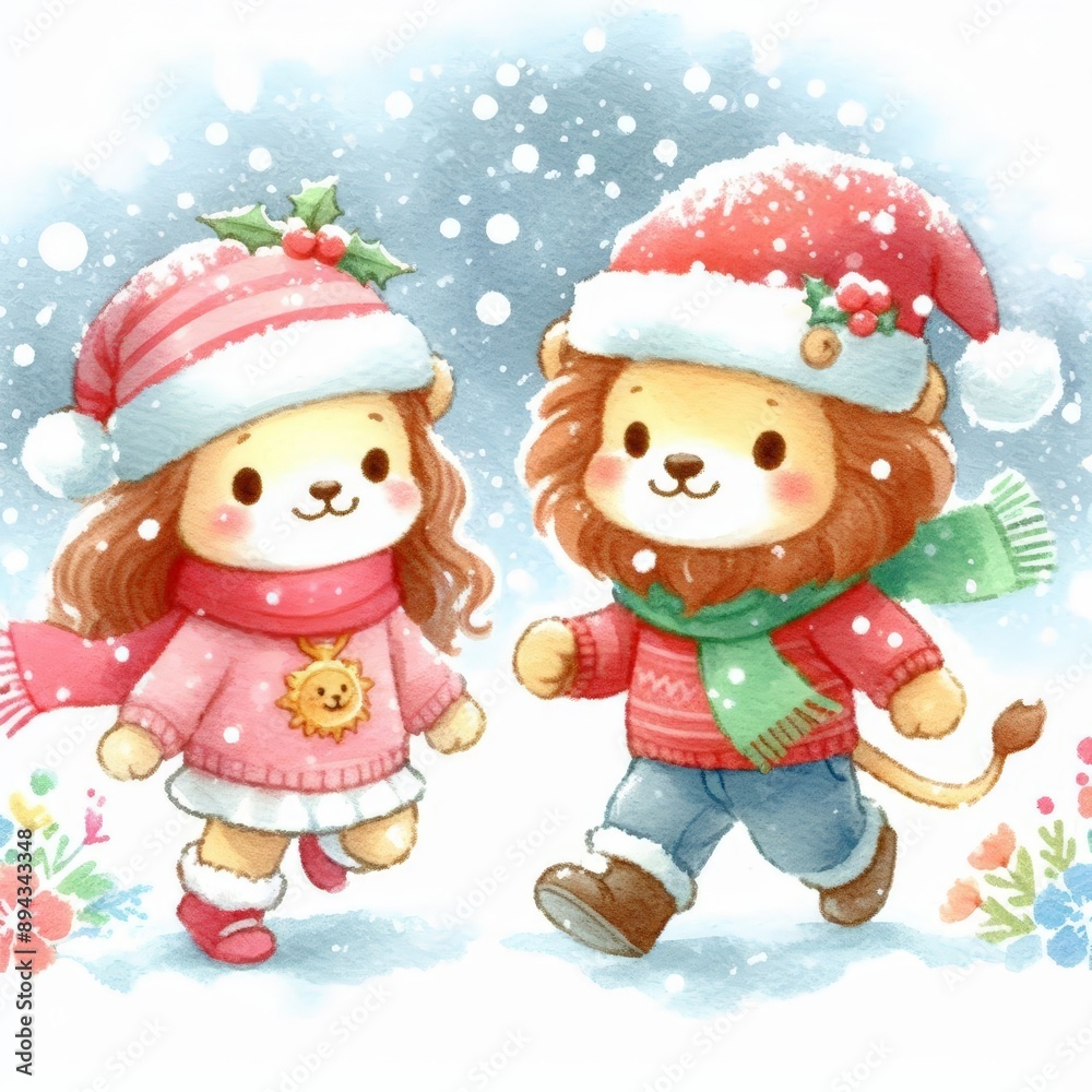 Cute lion couple wearing winter clothes and walking in the snow. Cute lion couple wearing winter clothes and walking in the snow.
