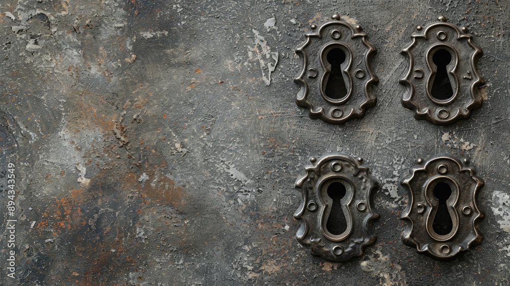 Antique keyhole covers on concrete backdrop with space for text Antique keyhole covers on concrete backdrop with space for text