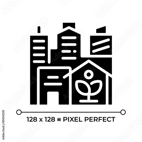 Urban farming pixel perfect black glyph icon. Indoor growing, rooftop. Modern city. Greenhouse gardening, hydroponics. Silhouette symbol on white space. Solid pictogram. Vector isolated illustration
