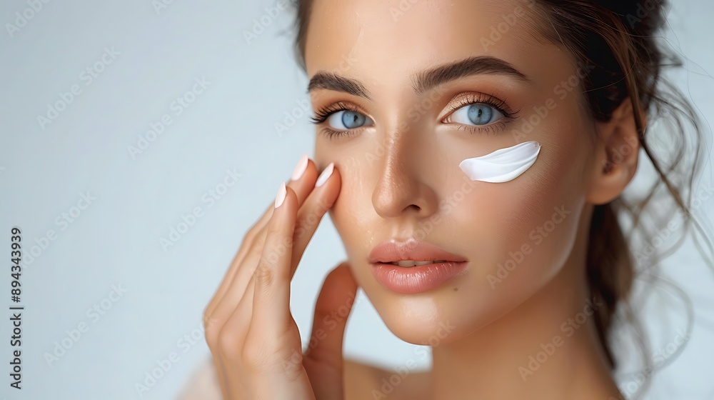 Portrait Women applying skincare cream with soft touch for Cosmetic Product Concept. Portrait Women applying skincare cream with soft touch for Cosmetic Product Concept.