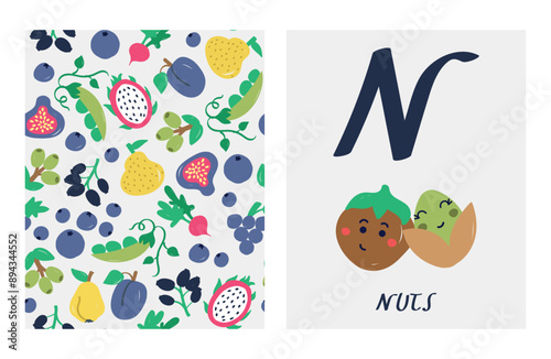 alphabet letters. Cute letter N with nuts. English alphabet for kids. hazelnut and pistachio cartoon character. A double-sided card with a fruit pattern on the reverse side Educational vector card