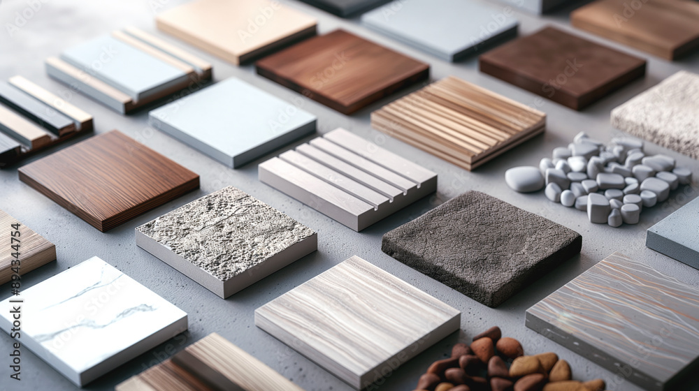 Assorted surface material samples including wood, concrete, marble, and stones arranged in a grid layout. Assorted surface material samples including wood, concrete, marble, and stones arranged in a grid layout.