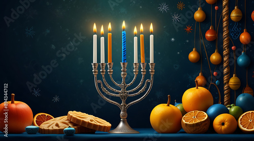 A beautiful illustration of a Hanukkah celebration with a menorah, dreidels, and traditional foods, with space for text.