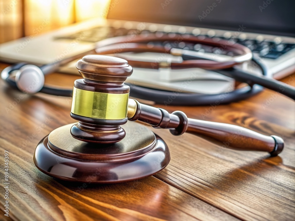 Closeup of judge's gavel and stethoscope on wooden desk, blurred laptop and medical equipment in background, symbolizing healthcare law and medical malpractice. Closeup of judge's gavel and stethoscope on wooden desk, blurred laptop and medical equipment in background, symbolizing healthcare law and medical malpractice.