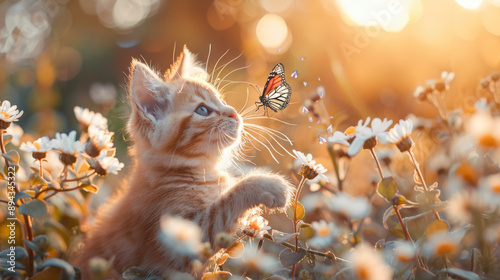 Cute kitten catches a butterfly in flowers against a sunset background.