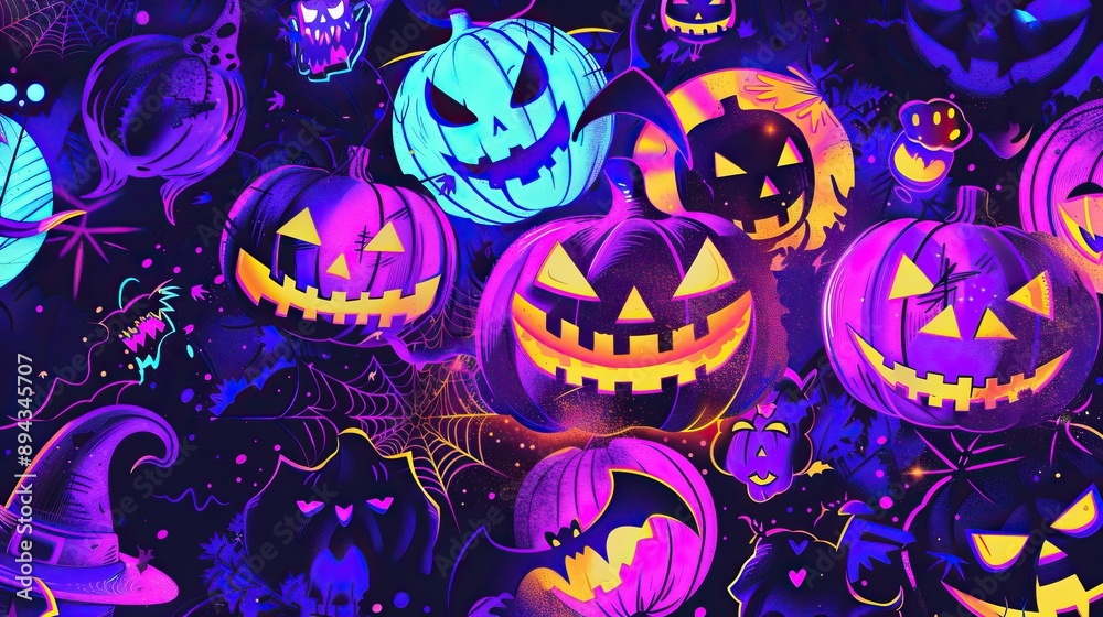 Fototapeta premium Halloween theme set filled with vibrant jack-o-lanterns and eerie decorations. Glowing pumpkins, bats, and whimsical elements create a playful autumn illustration.