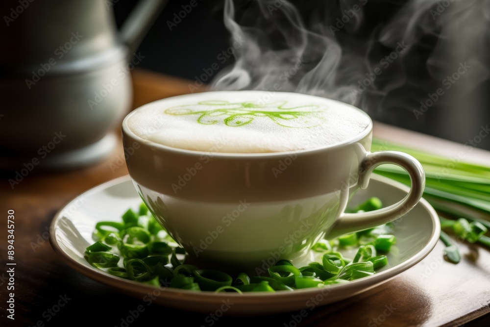 A Chinese latte with green onions, with steam rising from the cup A Chinese latte with green onions, with steam rising from the cup