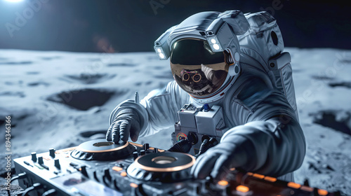 Astronaut in a spacesuit DJing with turntables on a moon-like surface, with a lunar landscape background. photo