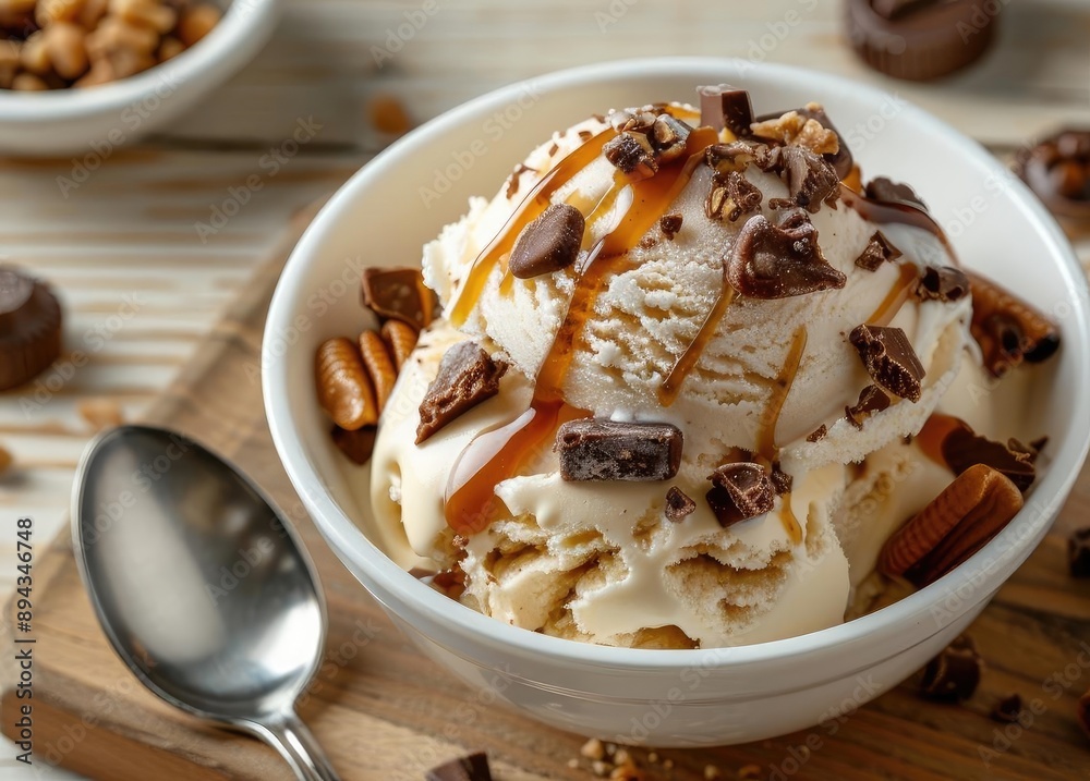 Delicious ice cream in a bowl topped with caramel sauce, chopped chocolate, and nuts, set on a wooden board with a spoon beside it. Delicious ice cream in a bowl topped with caramel sauce, chopped chocolate, and nuts, set on a wooden board with a spoon beside it.