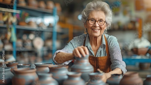 Wallpaper Mural Beautifully carved ceramic pots surround elderly women happily creating ceramics. Torontodigital.ca