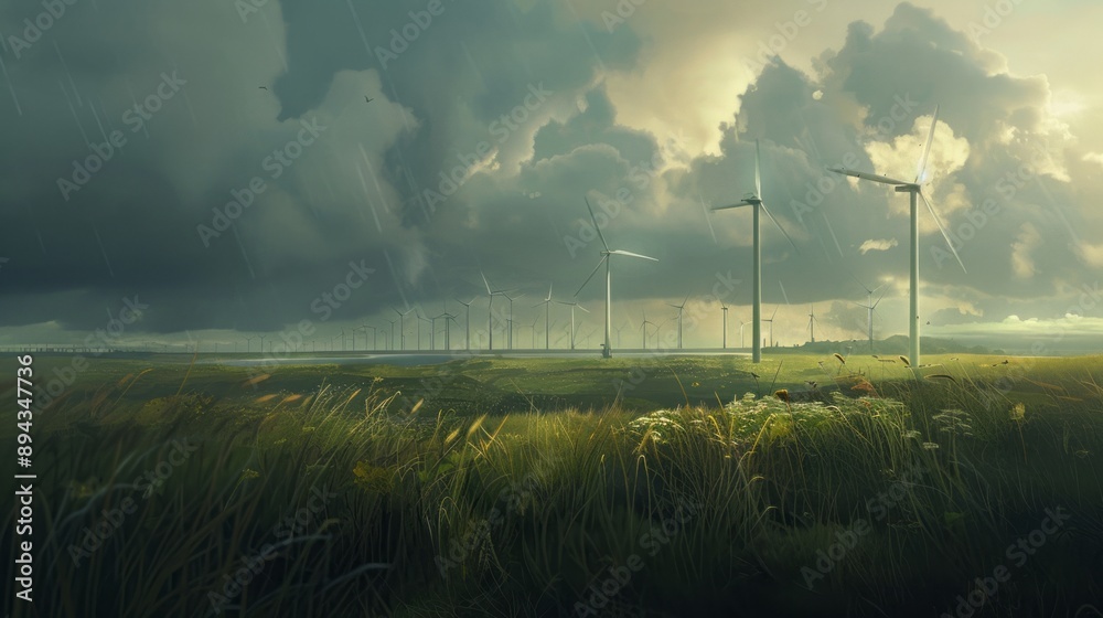 High-efficiency wind turbine on a windy day against a clear blue sky ...