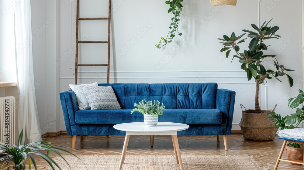 Chic living room with a white coffee table, blue couch, plant, and Scandinavian ladder Chic living room with a white coffee table, blue couch, plant, and Scandinavian ladder