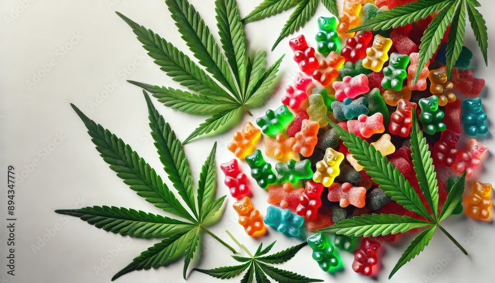 Colorful gummy cubes with a green cannabis leaf, gummy cubes in various colors Colorful gummy cubes with a green cannabis leaf, gummy cubes in various colors