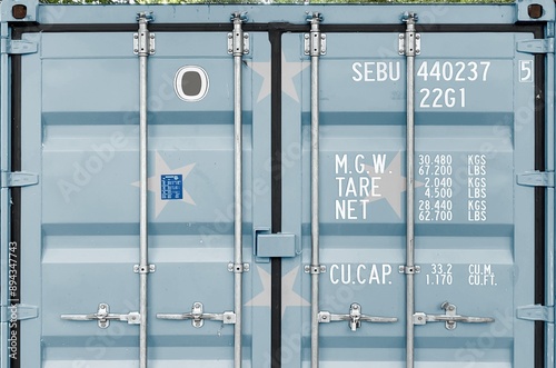 Micronesia flag depicted on metal doors of shipping cargo container outdoors in docks area close up photo