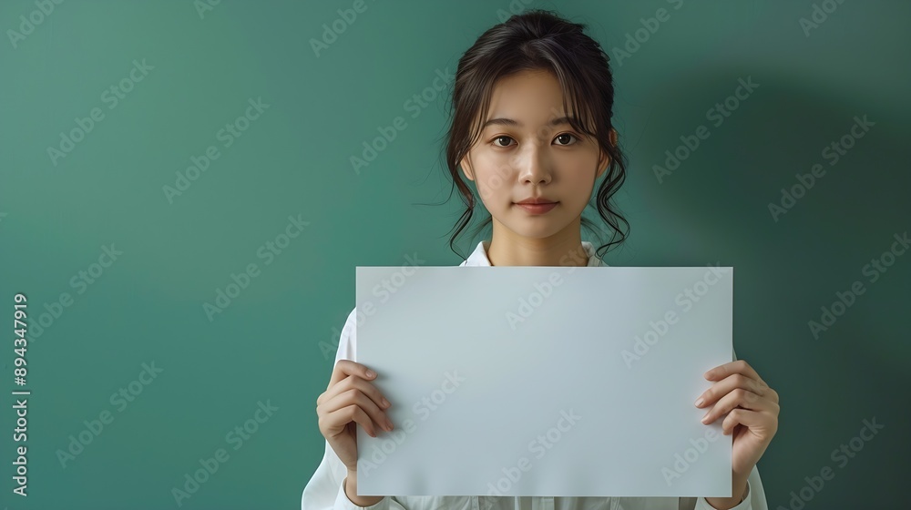 Asian woman wearing white shirt showing and holding blank white billboard isolated on green background : Generative AI Asian woman wearing white shirt showing and holding blank white billboard isolated on green background : Generative AI