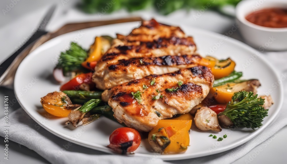 grilled chicken fillet, sliced, with vegetables, sauce, on a board, on a white plate grilled chicken fillet, sliced, with vegetables, sauce, on a board, on a white plate