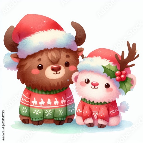 Cute reindeer and polar bear wearing Christmas sweaters and Santa hats.