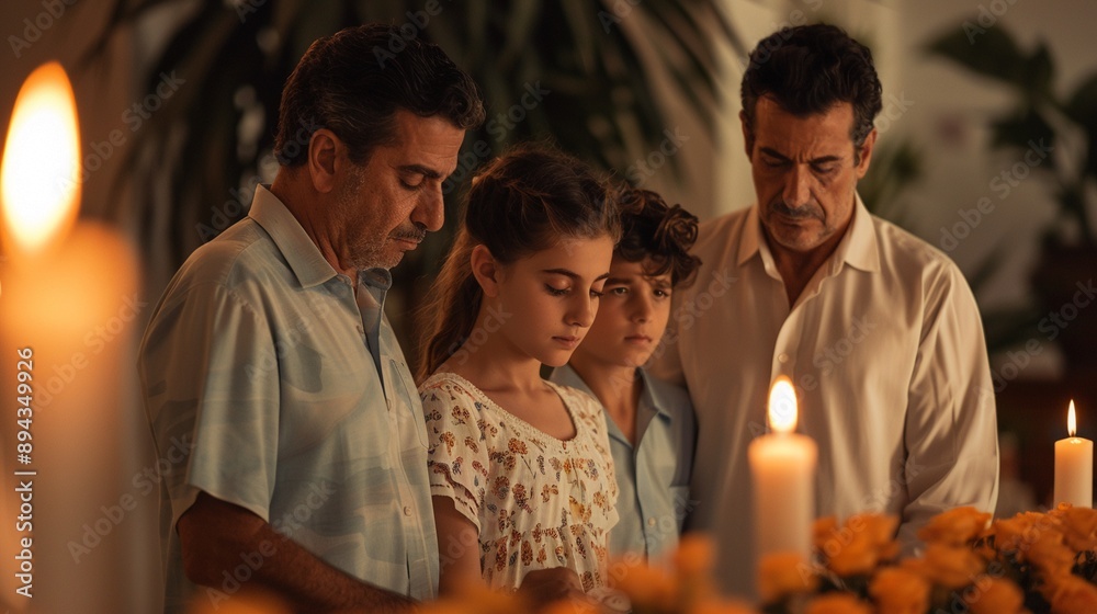 Fototapeta premium A family celebrating an inheritance ceremony, photorealistic, warm and bright setting, detailed clothing and emotions, sense of recognition and tradition