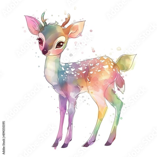 a tiny rainbow fawn, cute creature, watercolor style, pastel tones, isolated on white background