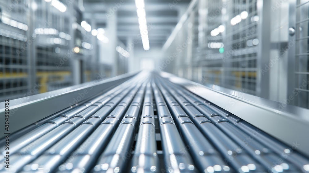 Naklejka premium Glossy silver conveyor belt system in an automated industrial facility, reflecting lights and creating a sense of modern efficiency