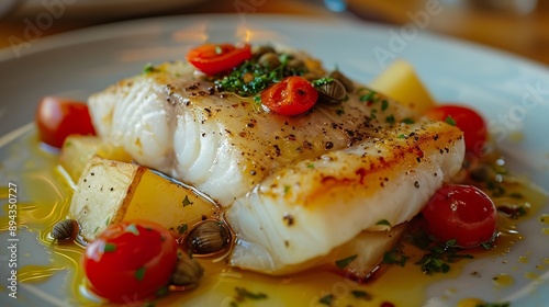 Stockfish white without tomatoes in Messina style Cod stewed with cherry tomatoes caper olive oil and potato Traditional plate of Messina Sicily Italy Selective focus : Generative AI