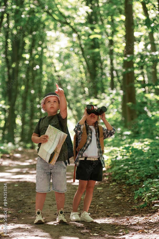 Checking the way on the map. Kids in forest at summer daytime together