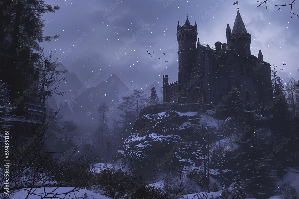 Naklejka premium ai generative castle in high misty cold misty mountains